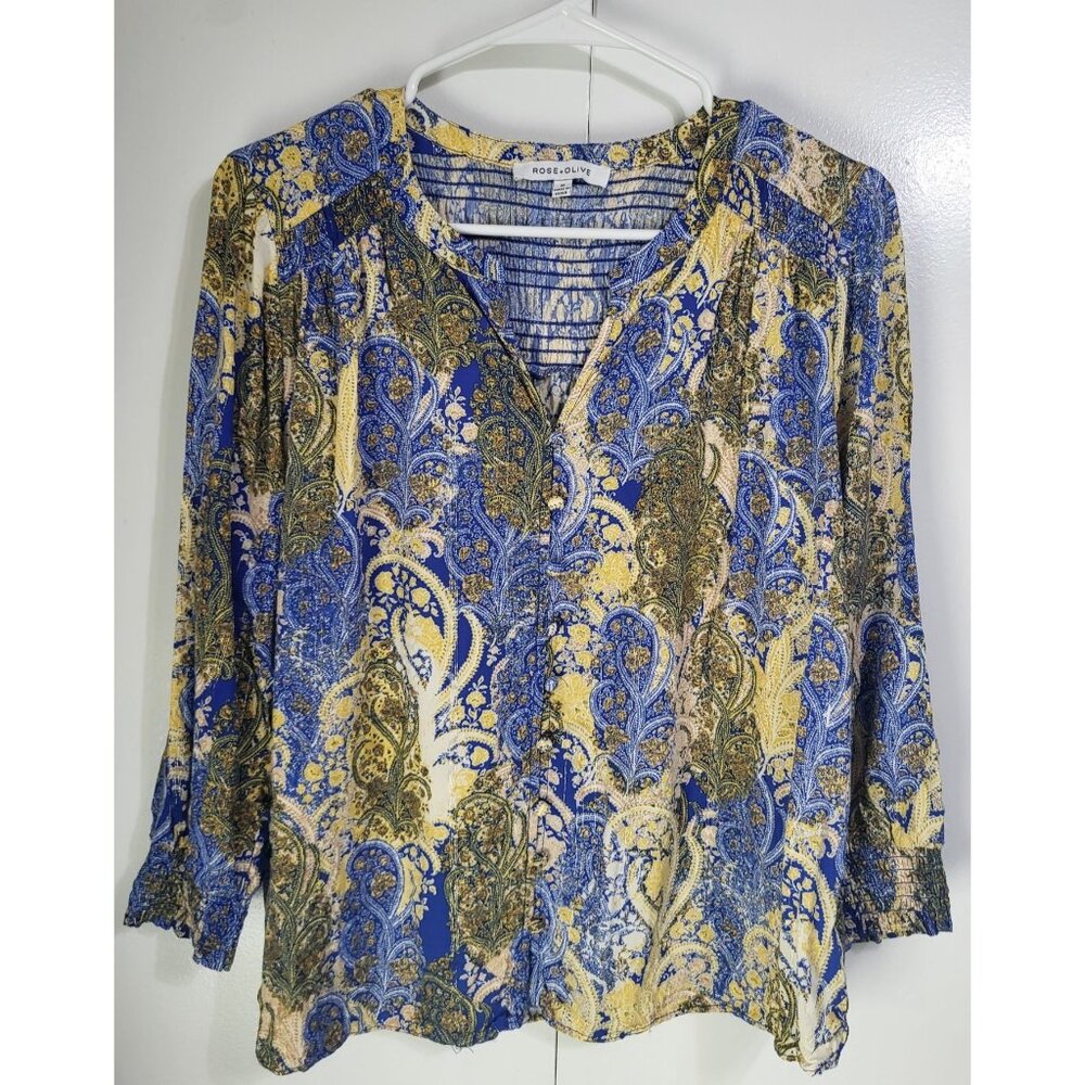 ROSE + OLIVE Women's M Blouse Blue Yellow Gold Metallic Fleck Paisley Boho Top